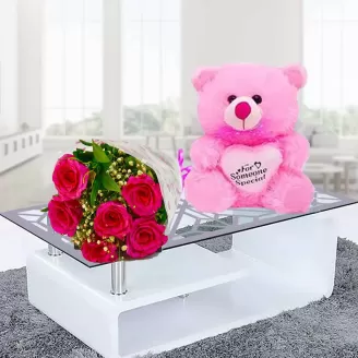 Six Roses Combo With Cute Teddy