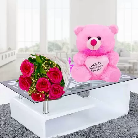 Six Roses Combo With Cute Teddy