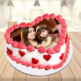 Mother Daughter Strawberry Heart Shape Photo Cake