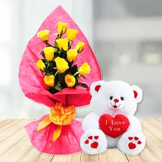 Flowers & Teddy White Bear