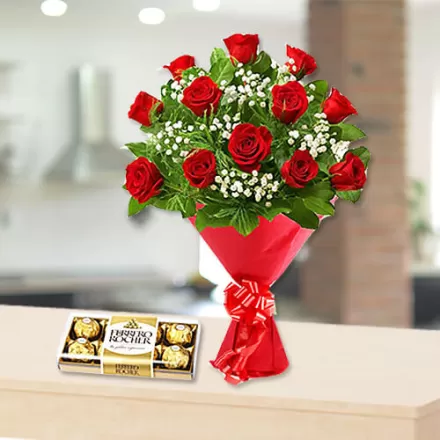 12 Red Roses with 8 Pieces Ferrero Rocher