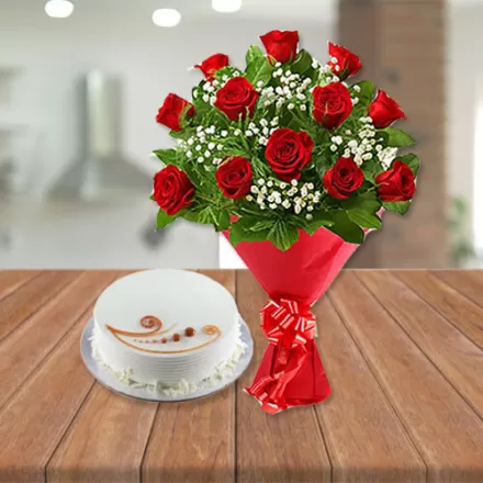 12 Red Roses with Vanilla Cake 