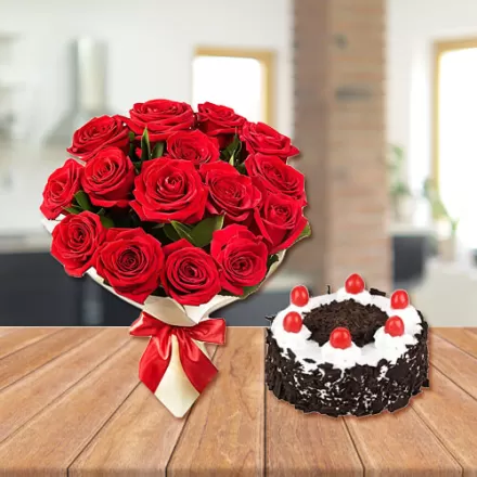 15 Red Roses with Black Forest Cake 