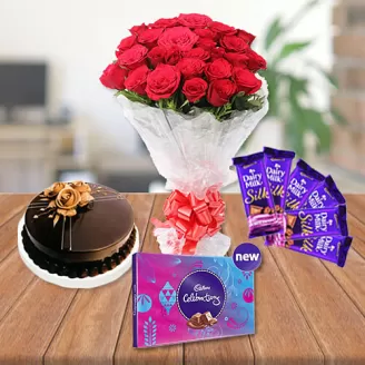 Red Roses Bouquet With Lots of Chocolates