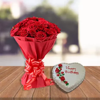 30 Red Roses with Vanilla Heart Cake