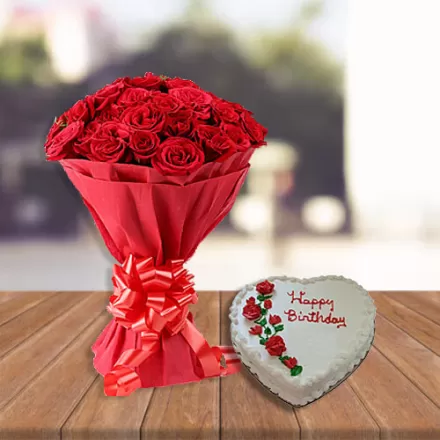 30 Red Roses with Vanilla Heart Cake