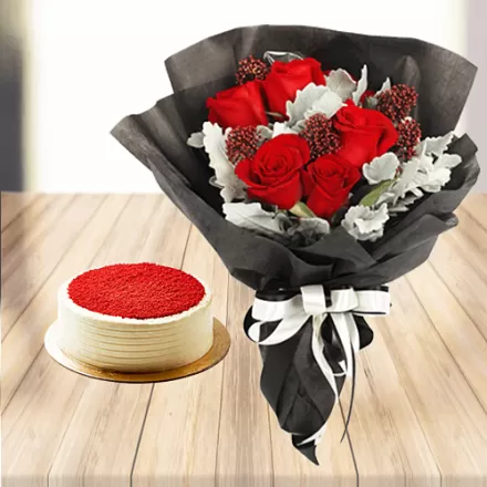 Red Roses with Red Velvet Cake