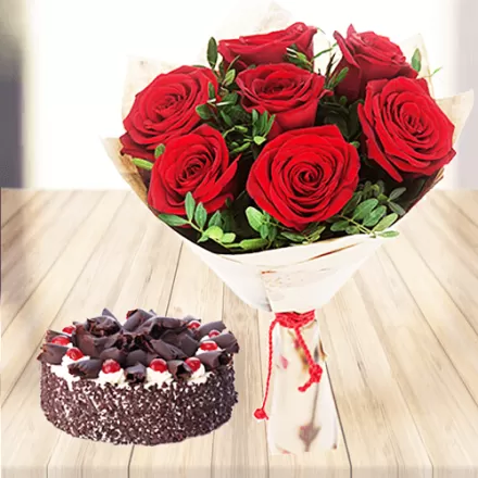 Red Roses with Black Forest Cake