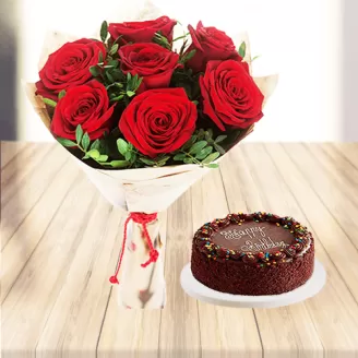 Red Roses with Chocolate Cake