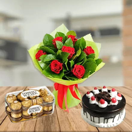 Red Roses with Choco Vanilla Cake