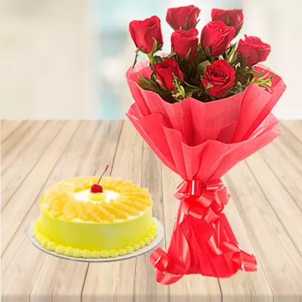 8 Red Roses with Pineapple Cake