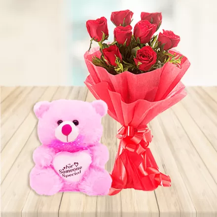 8 Red Roses with 10-Inch Teddy Bear