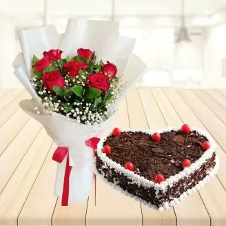7 Red Roses with Heart Shape Black Forest Cake