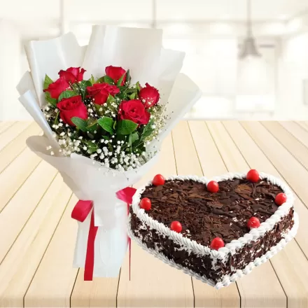 7 Red Roses with Heart Shape Black Forest Cake