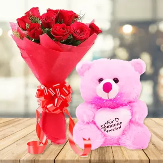 Red Roses with Cute Teddy
