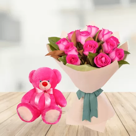 Pink Roses with Small Teddy Bear