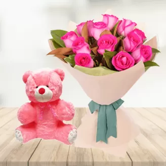 Pink Roses With Cute Teddy Bear