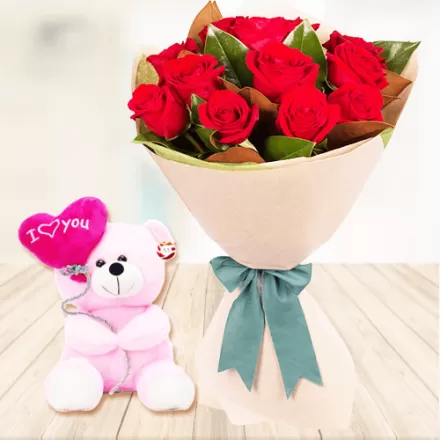 9 Red Roses with 12 Inches Teddy