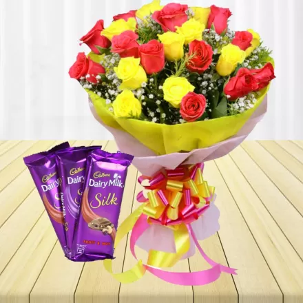 Red Yellow Roses Bouquet With Chocolates