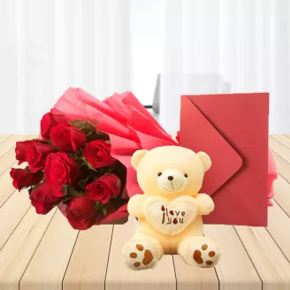 10 Red Roses Combo With Teddy