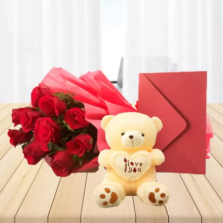 10 Red Roses Combo With Teddy