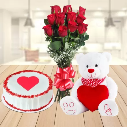Cute White Love Teddy With Roses And Cake