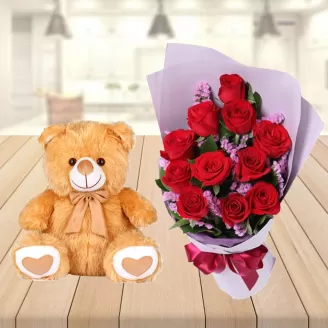 10 Red Roses With Cute Teddy