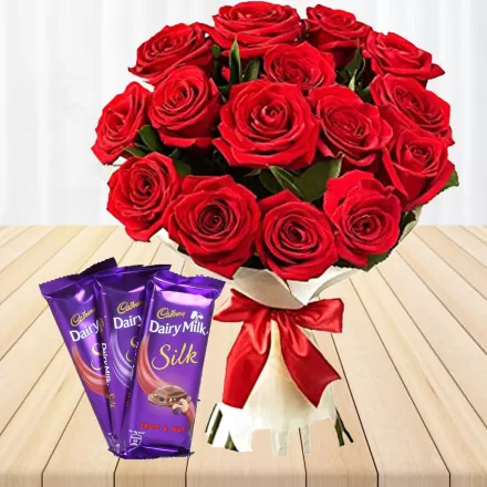 15 Red Roses Bouquet With Dairy Silk Chocolates