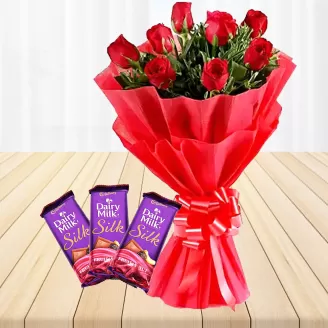8 Red Roses With 3 Dairy Milk Chocolates