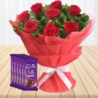 8 Red Roses With 6 Dairy Milk