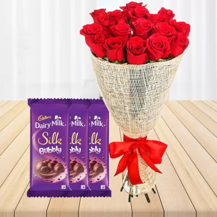 3 Dairy Silk Chocolate With 15 Red Roses