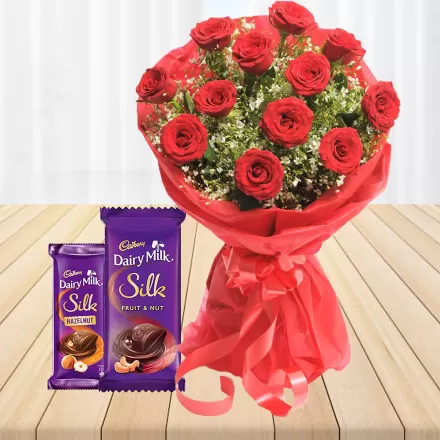12 Roses Bouquet With 2 Chocolates