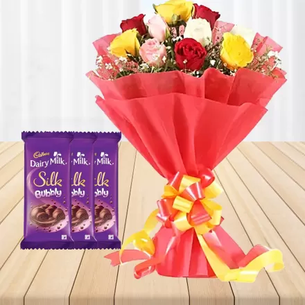 Mix Roses Bouquet With Delicious Chocolates