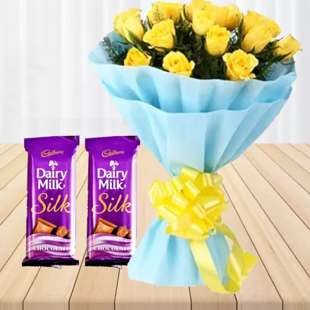 12 Yellow Roses With 2 Dairy Silk Chocolates
