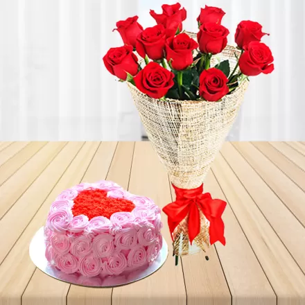 Red Roses With Heart Shape Strawberry Cake