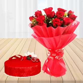 15 Red Roses With Red Velvet Cake