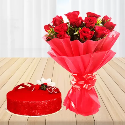 15 Red Roses With Red Velvet Cake
