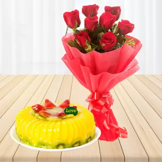 Pineapple Cake With 8 Red Roses