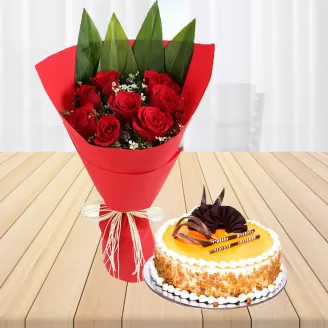 8 Red Roses With Butterscotch Cake