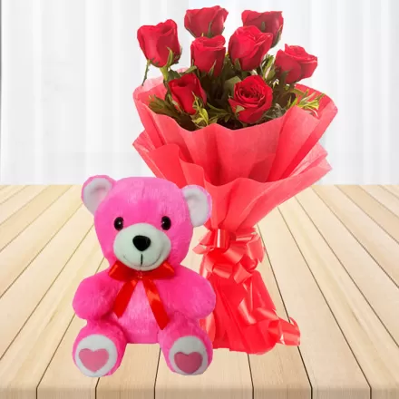 8 Red Roses With Pink Teddy