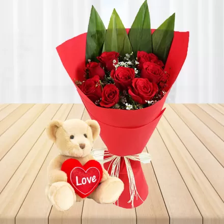 8 Red Roses With Teddy