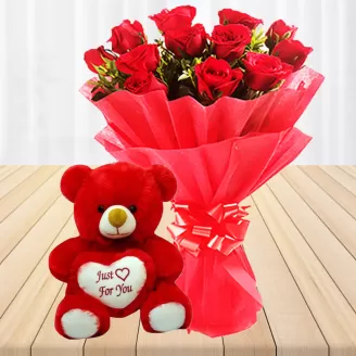 12 Red Roses With Teddy