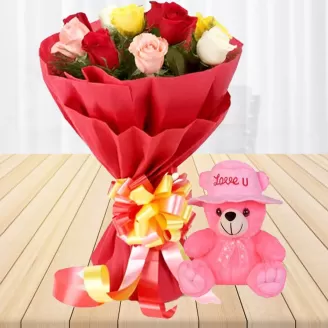 Mix Roses Bouquet With Teddy