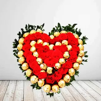 Heart Shape Arrangement Of Roses With Ferrero Rocher 