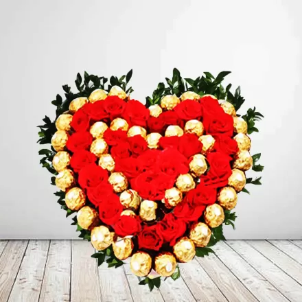 Heart Shape Arrangement Of Roses With Ferrero Rocher 
